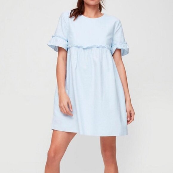 Aritzia Sunday Best Tybee Ruffle Trim Cotton Short Sleeve Dress Blue Size Medium - Picture 2 of 8